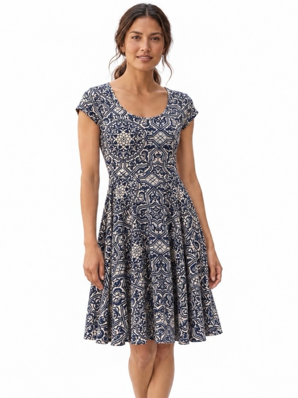 🌺 Peruvian Connection Navy Cream Geometric Medallion Print Fit & Flare